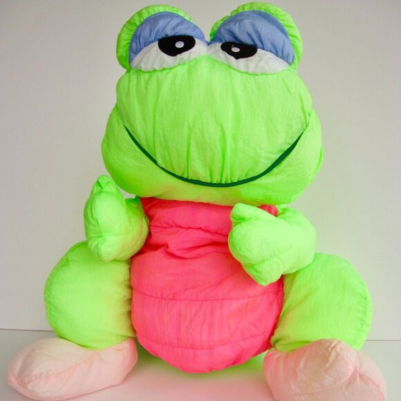 Vintage 1990 Prestige Neon Green Plush Frog Parachute Nylon...